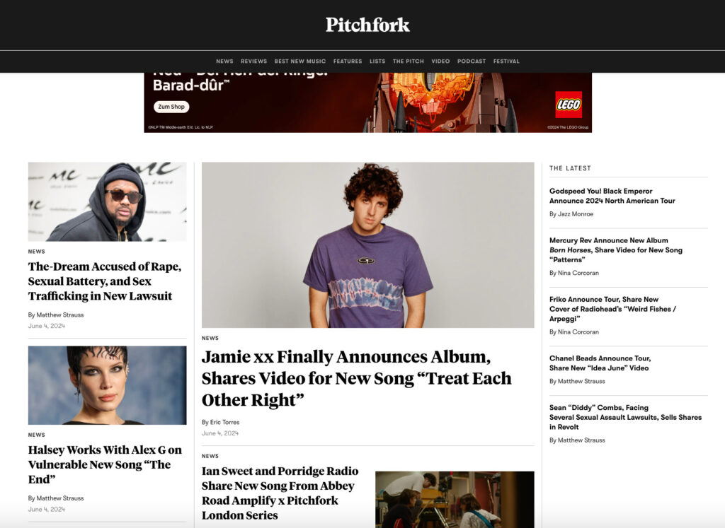 Die Startseite von Pitchfork im Juni 2024 (Foto: Screenshot)