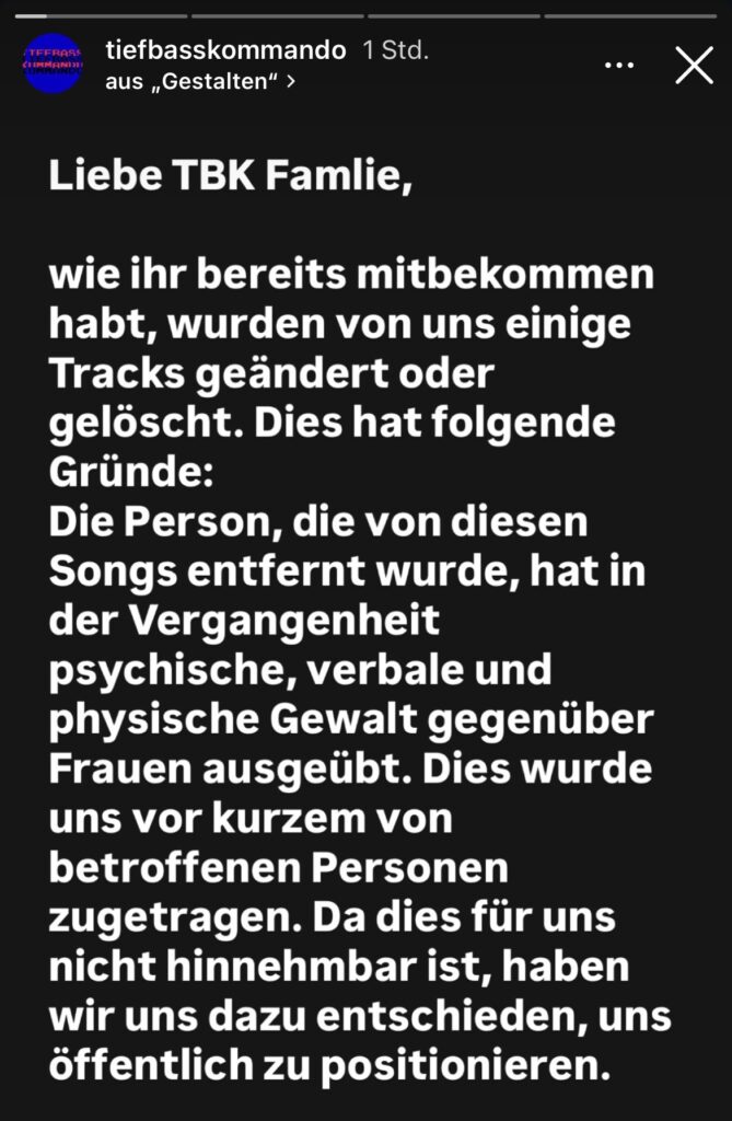 Statement aus der Instagram-Story von Tiefbasskommando (Foto: Privat)