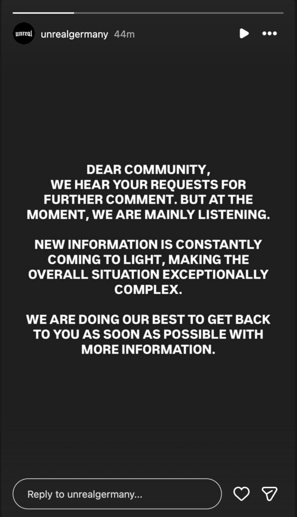 Das Statement von Unreal (Abbildung: Instagram)