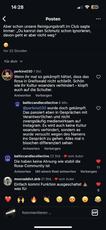 Der Mitbegründer des HIVE Festivals äußert sich in der Kommentarspalte der ROSA Greifswald (Screenshot: Murat Demirkaya)